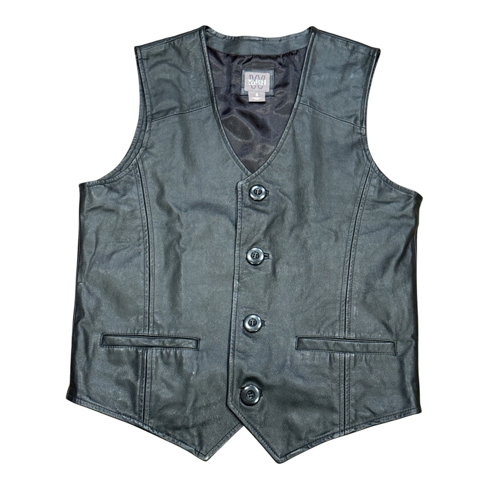 Wilsons Leather Mens Black Leather Vest Button Front Biker Western Size S
